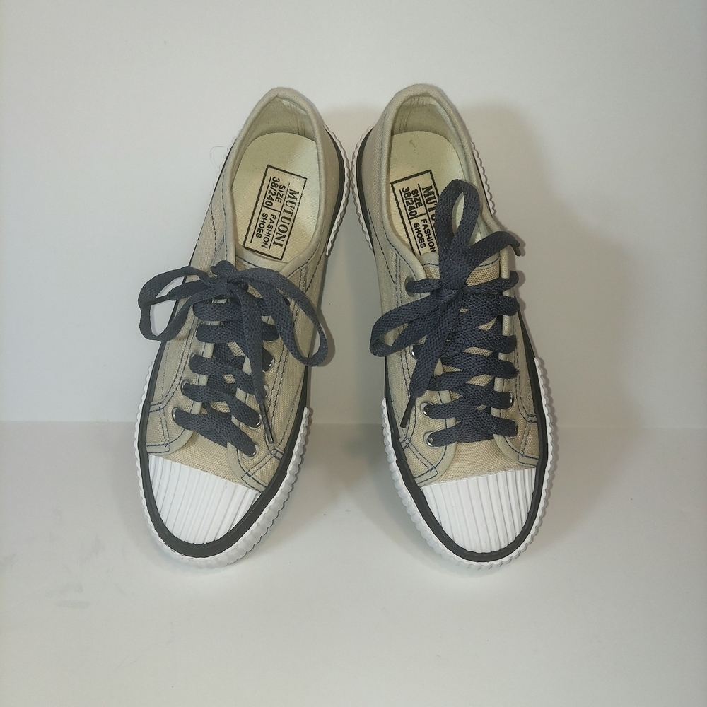 Women's Mutuoni Beige Canvas Low-Top Sneakers with Black Trim and Navy Laces - Picture 2 of 7